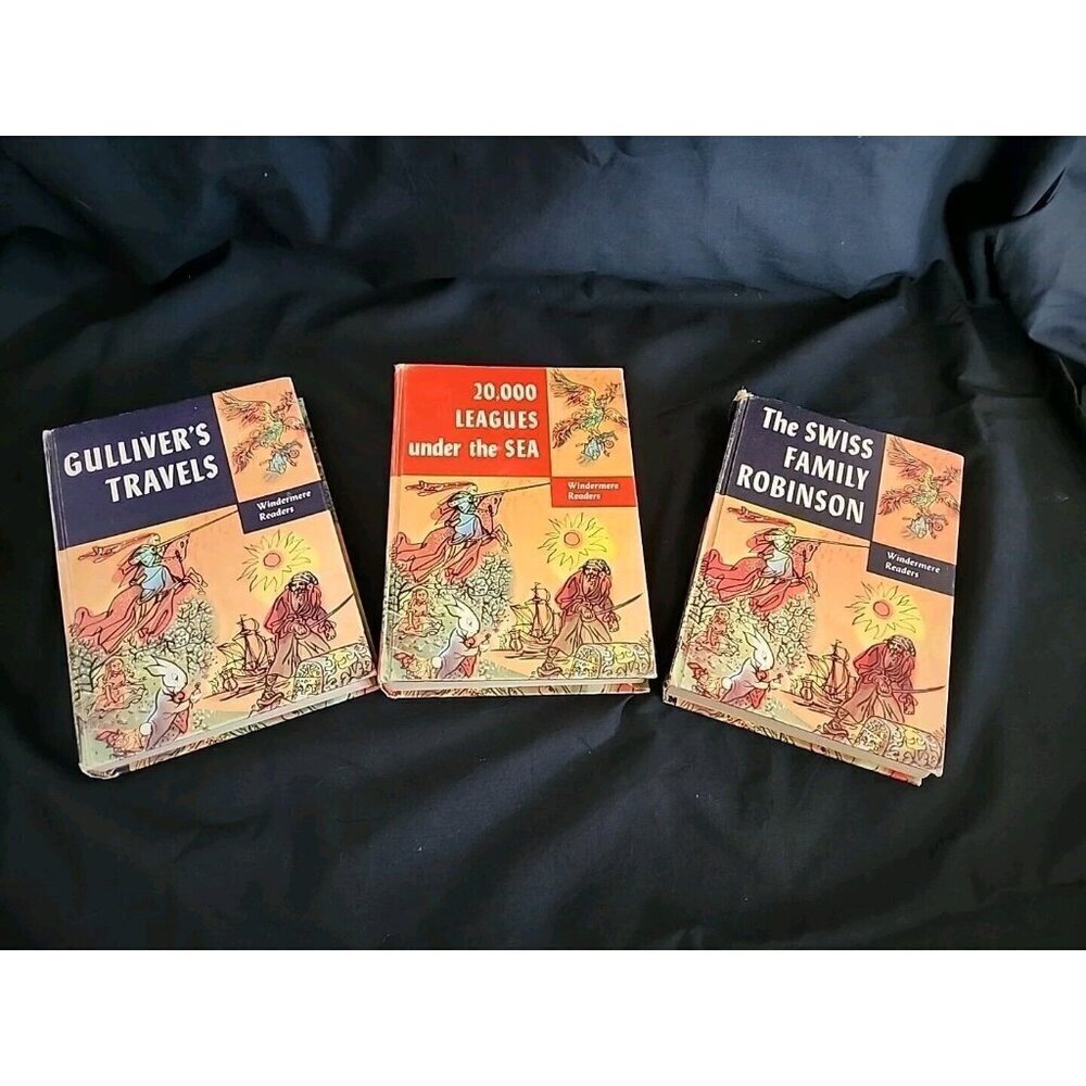 Vintage 1954 Windermere Reader 3 Books:Gulliver's, 20,000 Leagues, Swiss Family